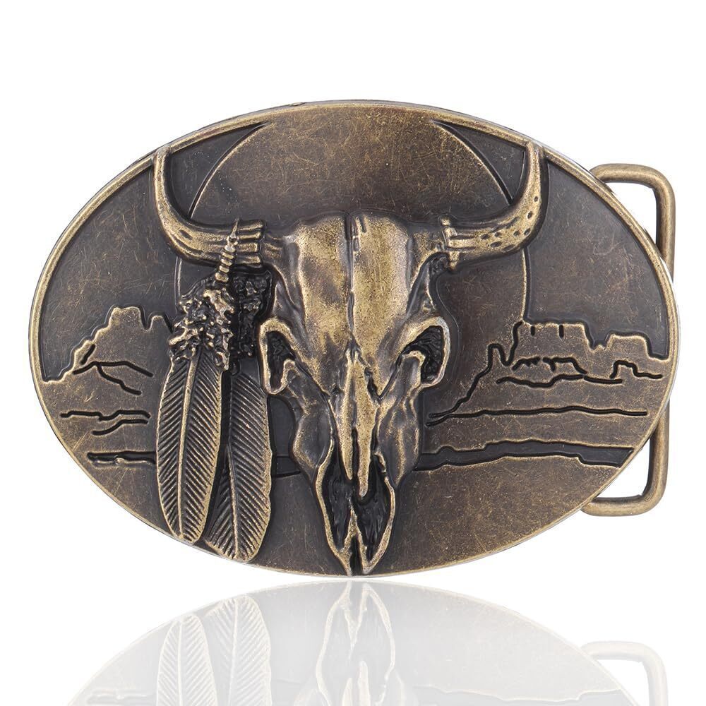 3929 Western Belt Buckles , Bronze Longhorn Bull Head Belt Buckle Cowboy